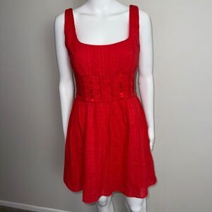 Commense Cotton Blend Red Sleeveless Mini Dress Fit and Flare Square Neck Size M